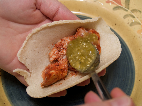 Achiote fish tacos, served with salsa verde Achiote Fish Tacos
