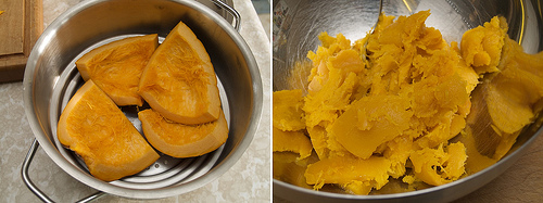 Steaming the pumpkin Pumpkin Pie Filling from Scratch
