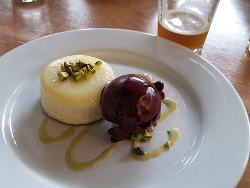 Meyer Lemon Buttermilk Pudding with Huckleberry Sorbet and Pistachios Ace Hotel / Clyde Common