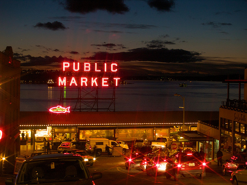 Looking down at the market at dusk Pike Place Market, Seattle