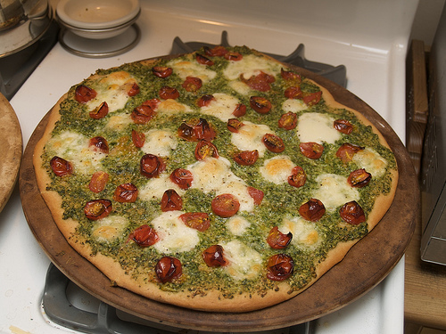 Wild Leek Pesto, Roasted Cherry Tomato and Boccocini Pizza