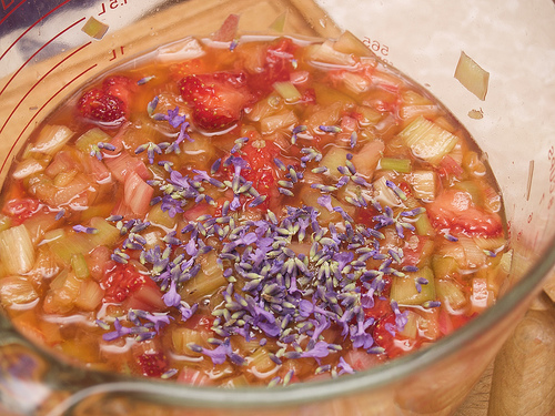 Rhubarb lavender jam, with a handful of strawberries Jam making day