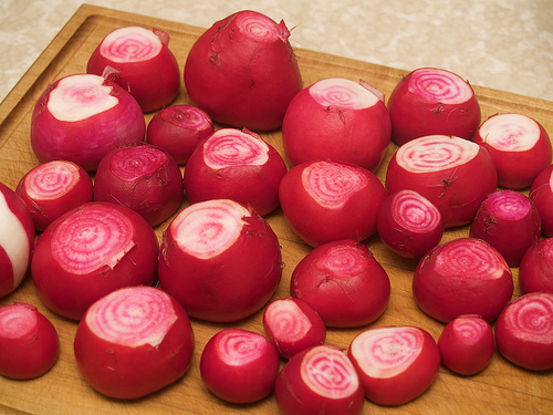 Signature concentric rings of pink Chioggia Beets