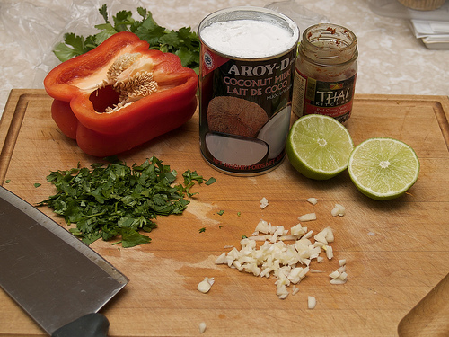 Cilantro, red pepper, coconut milk, red curry paste, limes and garlic Thai Red Curry Shrimp
