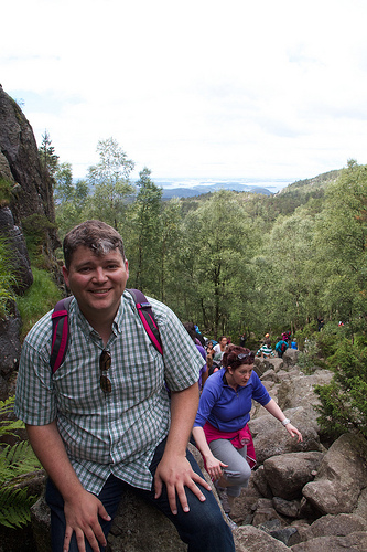 Chris taking a break climbing up the rock fall, during the first leg of the hike. Climbing up to Preikestolen