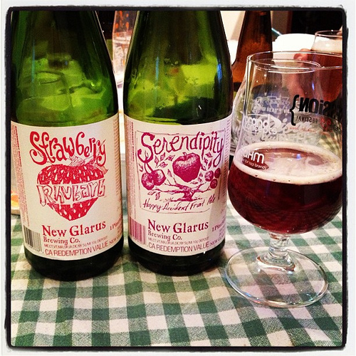 New Glarus Strawberry Rhubarb and Serendipity fruit beers on this gorgeous Saturday night.